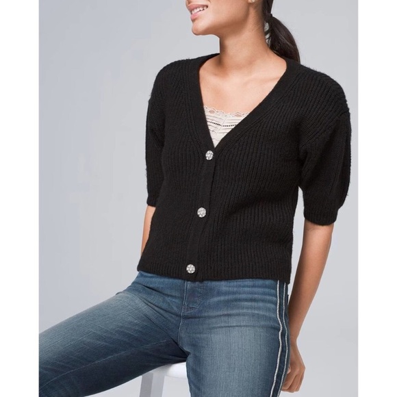 WHBM | Embellished Button Puff Sleeve Cardigan Sweater - Picture 1 of 16